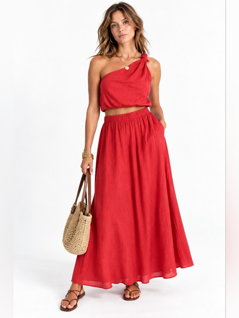 Abercrombie & Fitch Ensemble Red Orange One Shoulder Crop Top and Skirt set